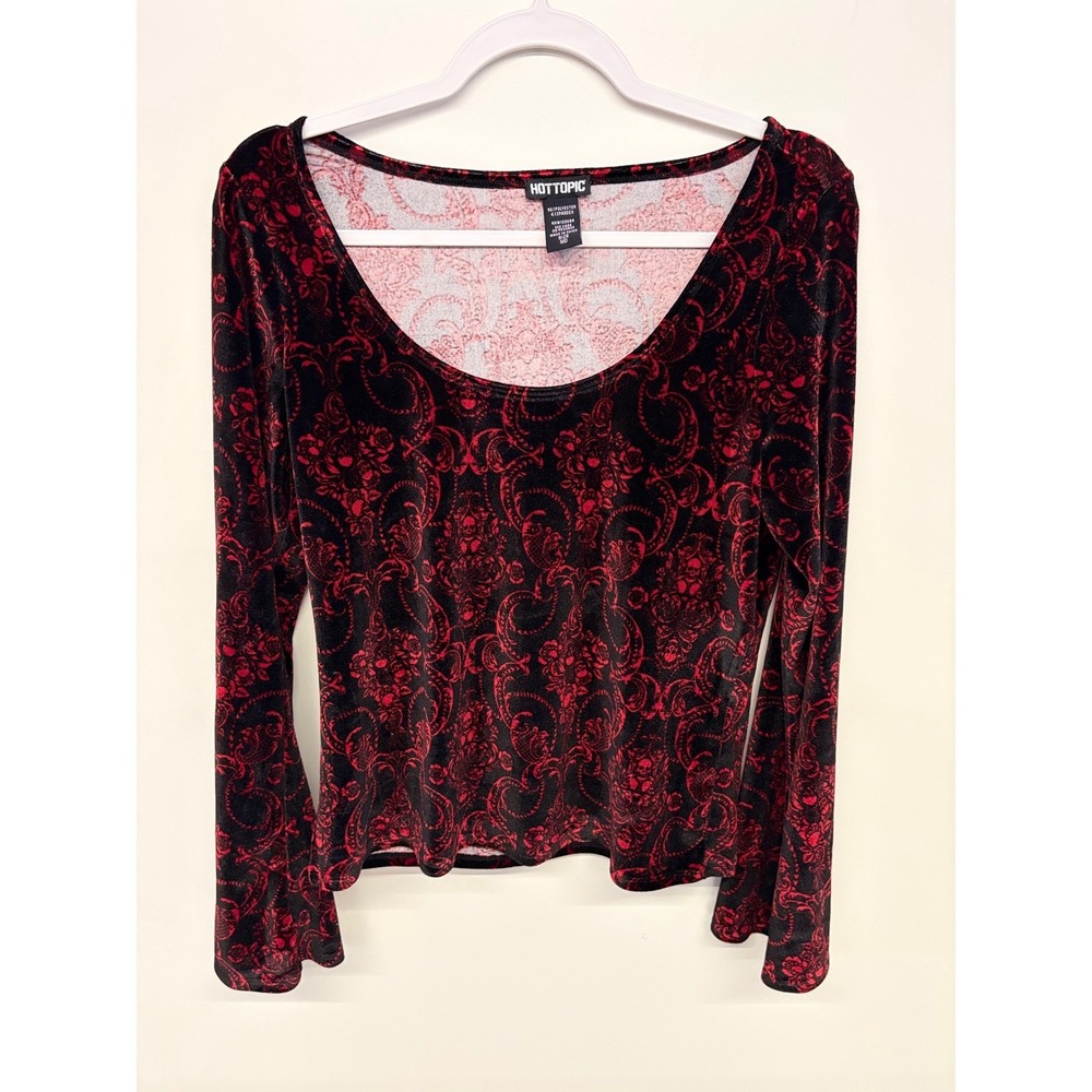 Whimsigoth Gothic Bell Sleeve Damask Skull Velvet Top Hot Topic M Red Black 90s